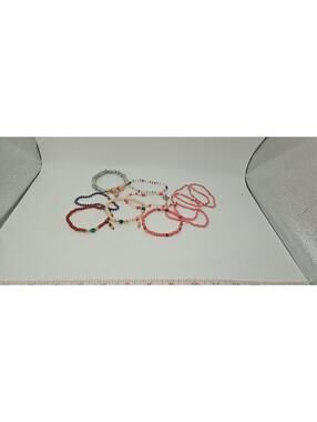 Set of 11 Glass and Stone Beaded Stretch Bracelets in Various Colors